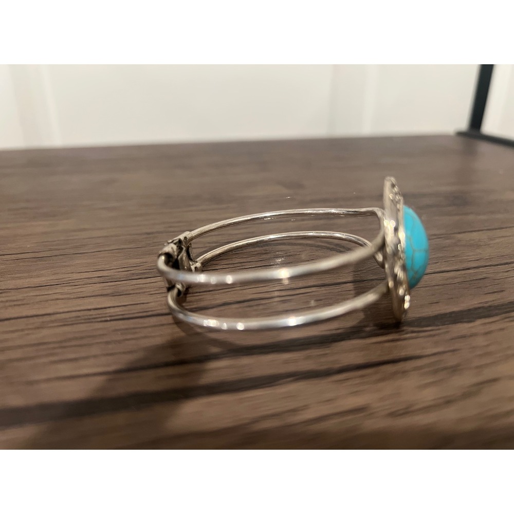 Cuff Bracelet Silver Faux Turquoise Southwestern Boho Western Rodeo Bangle - Picture 2 of 6